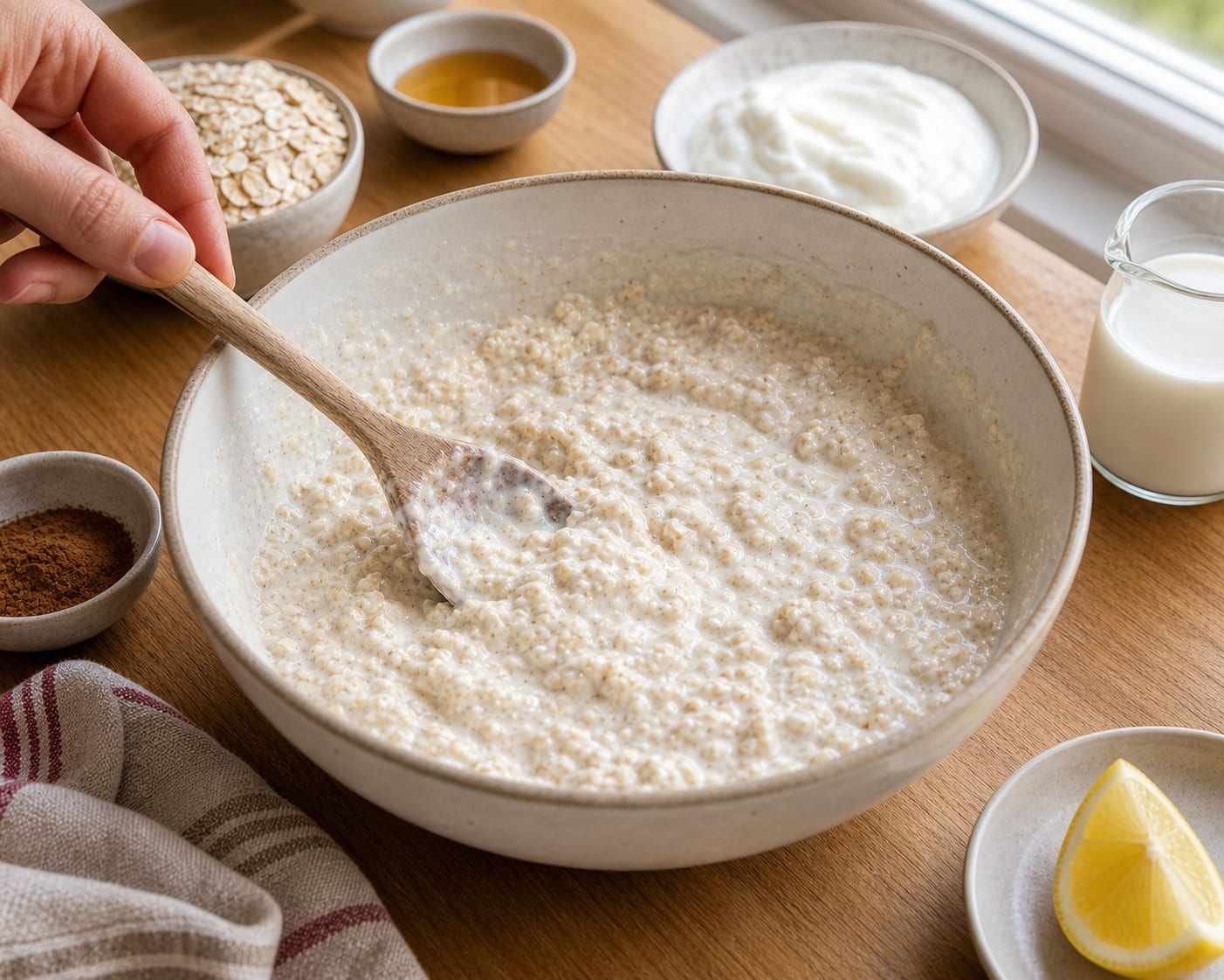 Bright Apple Raspberry Bircher Pots with Yoghurt cooking guide image for mix the oat base.
