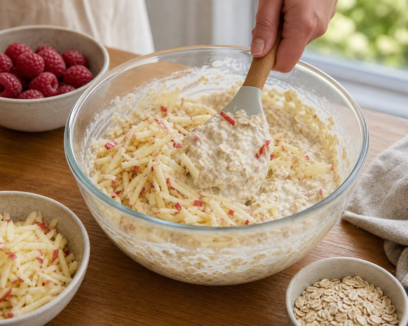 Bright Apple Raspberry Bircher Pots with Yoghurt cooking guide image for grate in the apple.