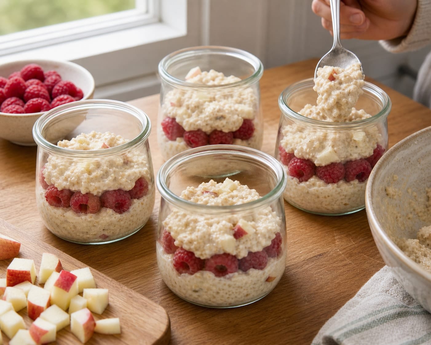 Bright Apple Raspberry Bircher Pots with Yoghurt cooking guide image for layer with berries.