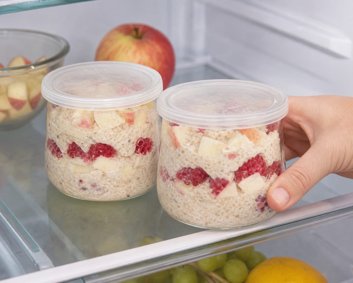 Bright Apple Raspberry Bircher Pots with Yoghurt cooking guide image for chill until creamy.