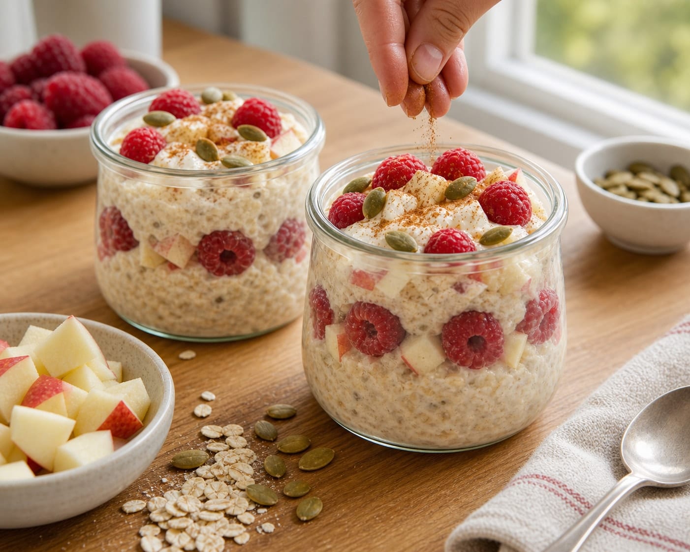 Bright Apple Raspberry Bircher Pots with Yoghurt cooking guide image for finish with seeds.
