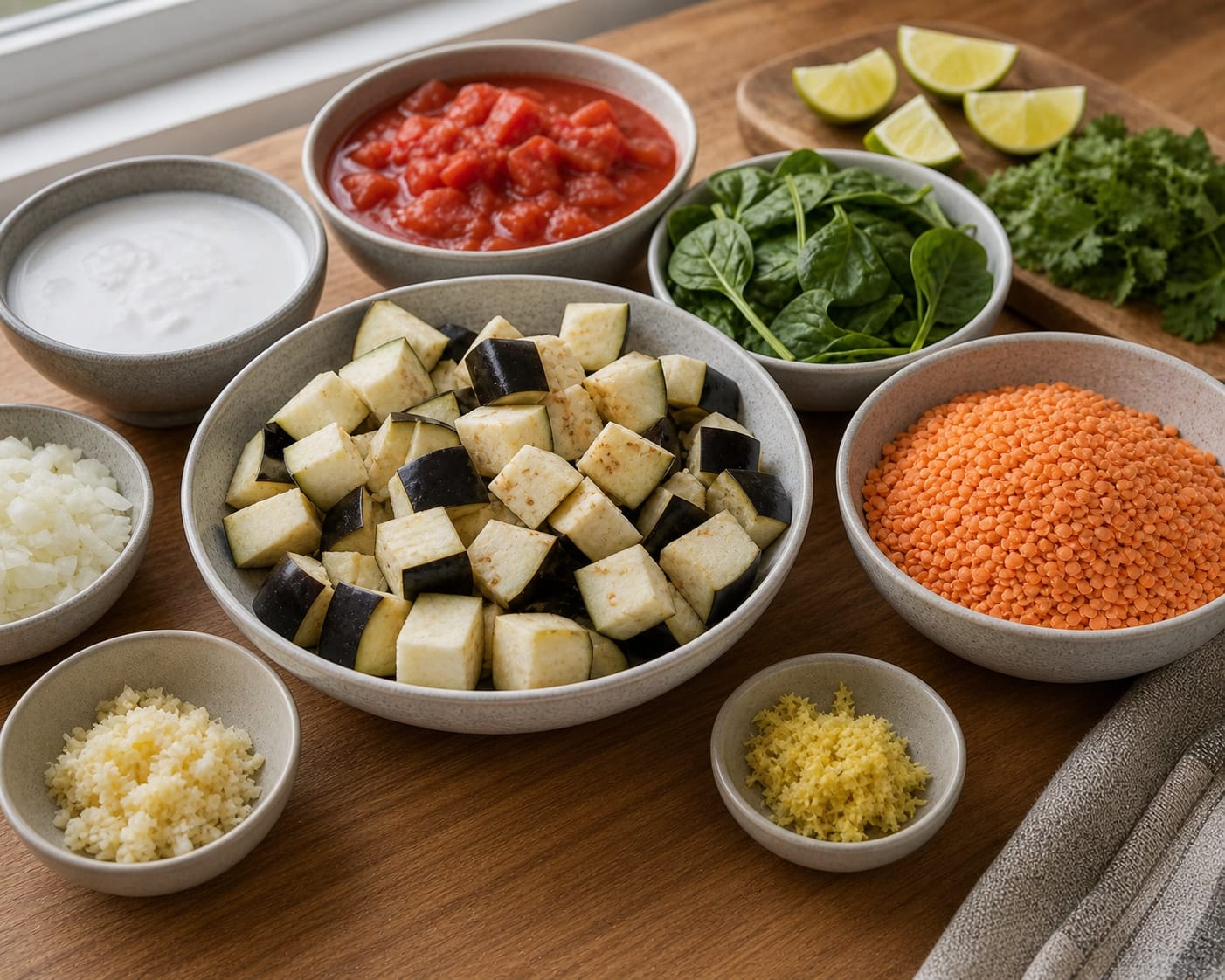 Aubergine Red Lentil Coconut Dal cooking step 1: Prep the vegetables.