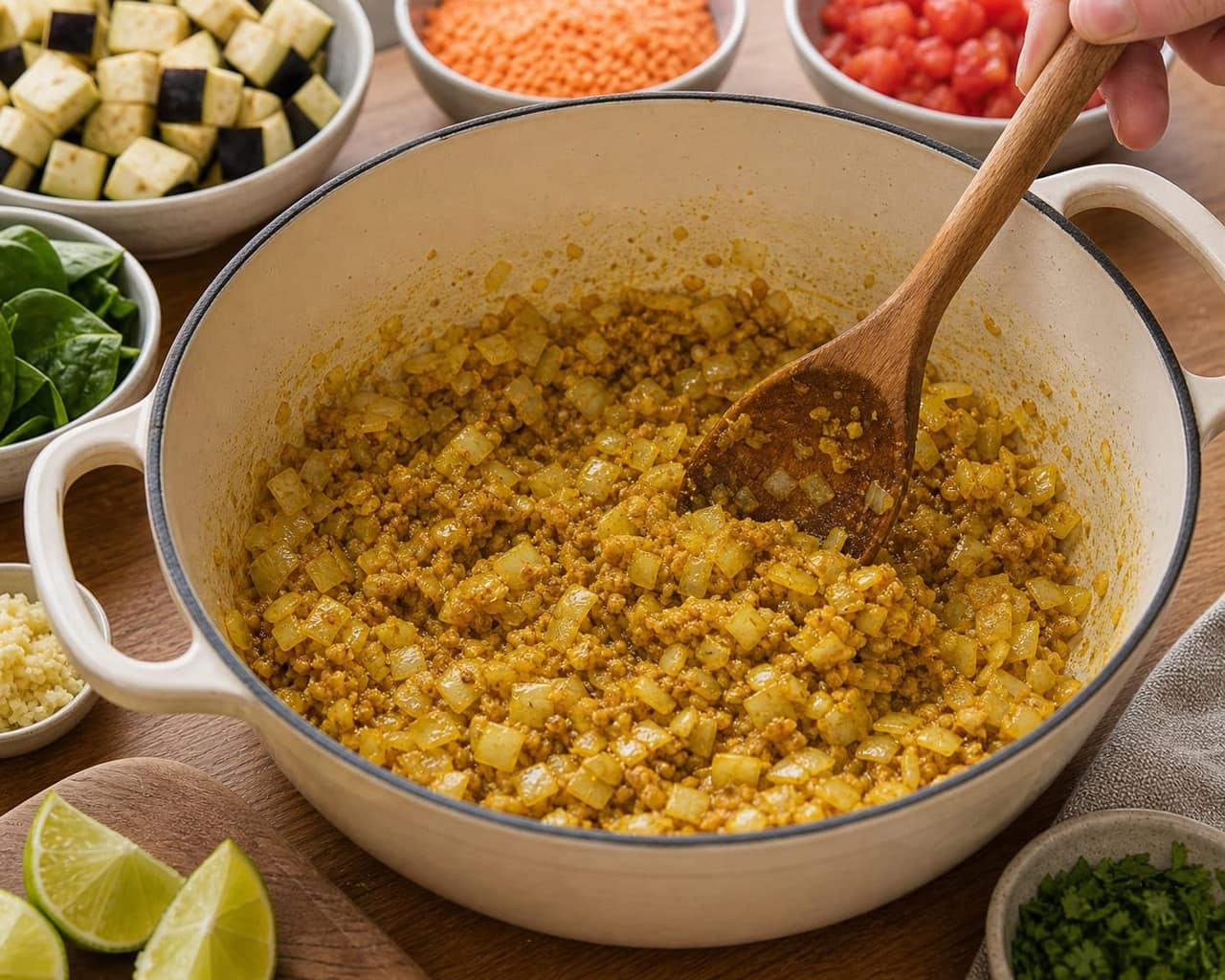 Aubergine Red Lentil Coconut Dal cooking step 3: Soften the aromatics.