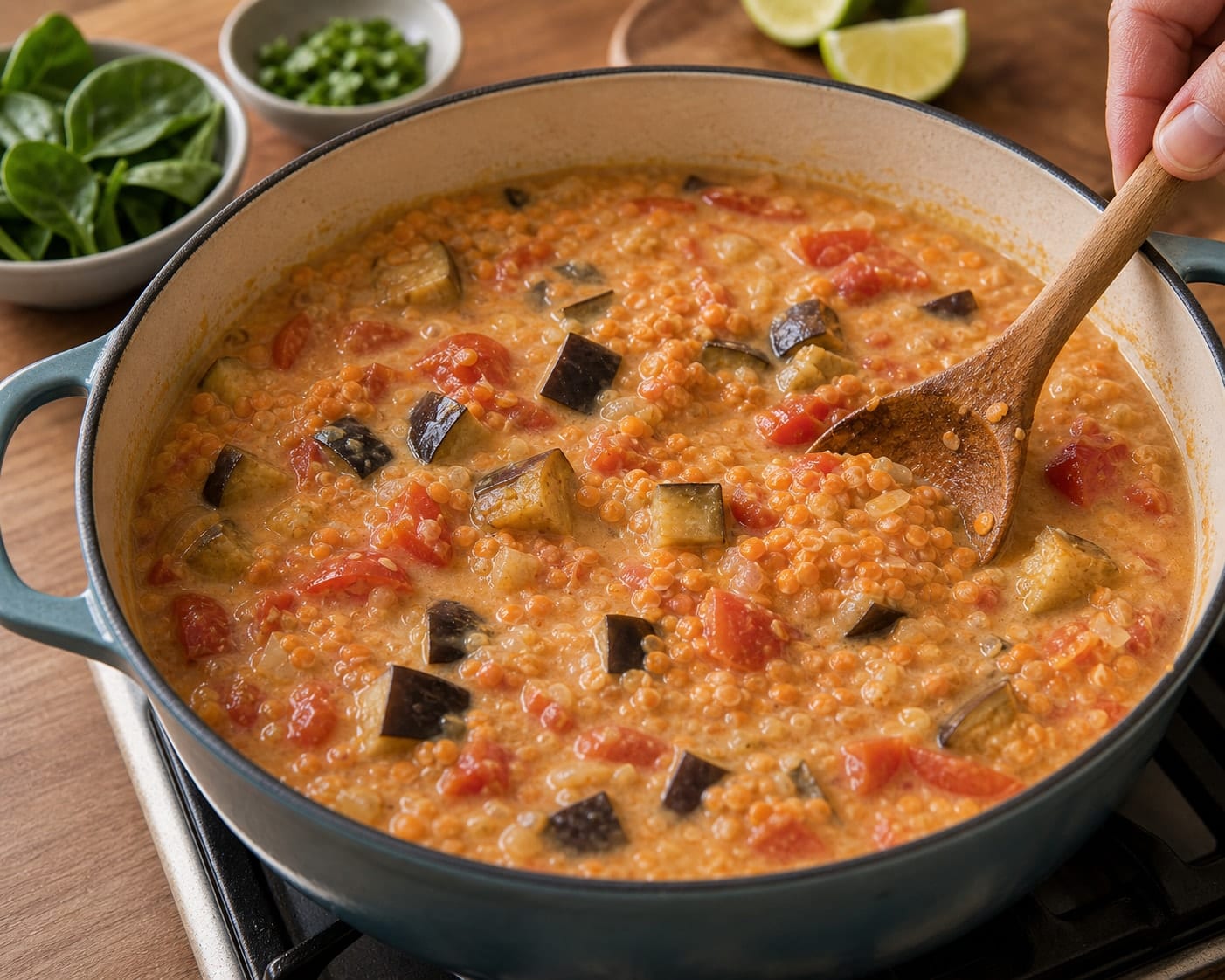 Aubergine Red Lentil Coconut Dal cooking step 4: Simmer the lentils.