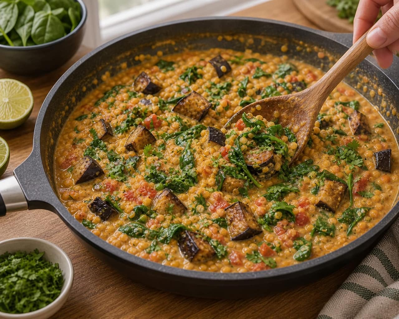 Aubergine Red Lentil Coconut Dal cooking step 5: Fold in greens.