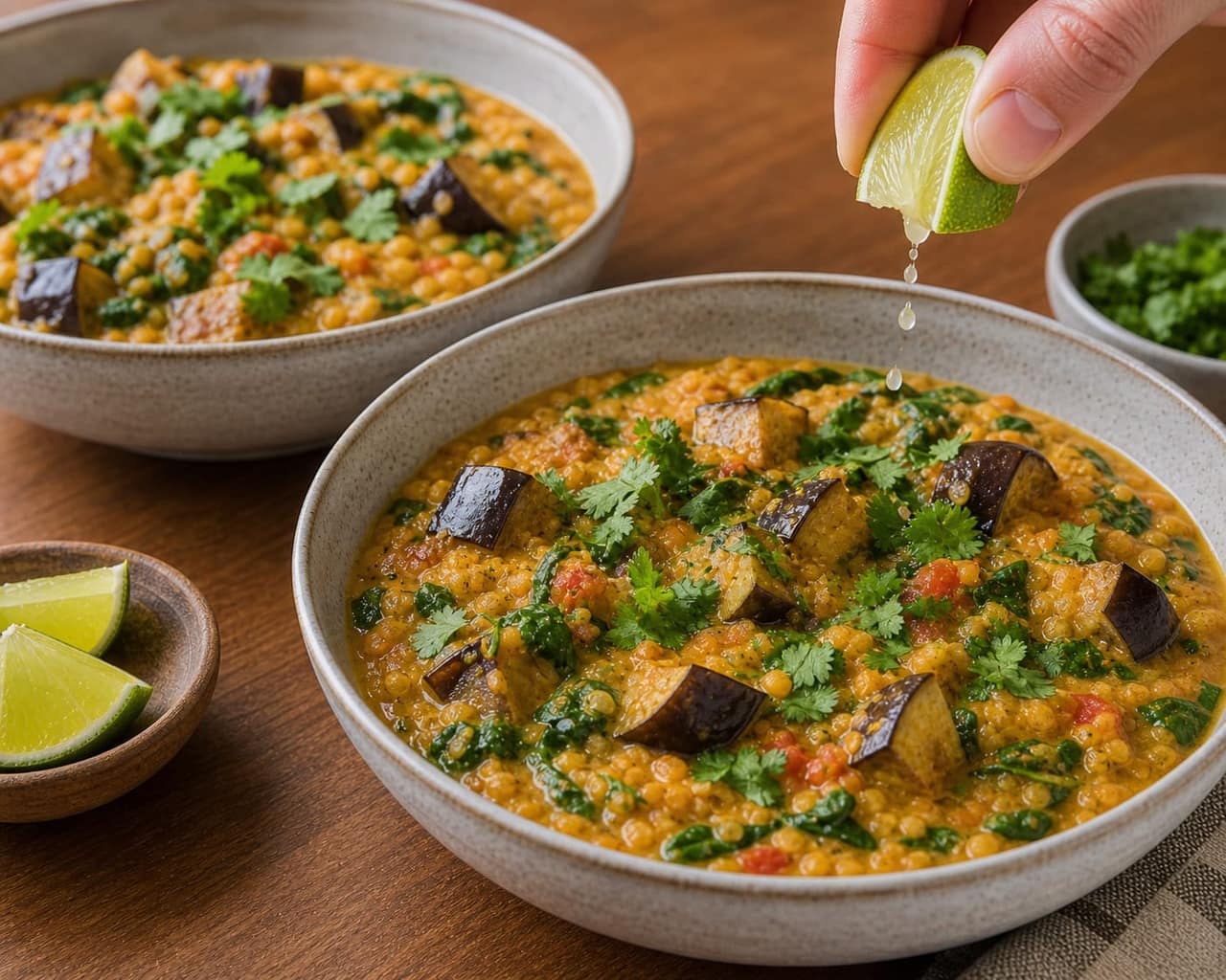 Aubergine Red Lentil Coconut Dal cooking step 6: Serve with lime.