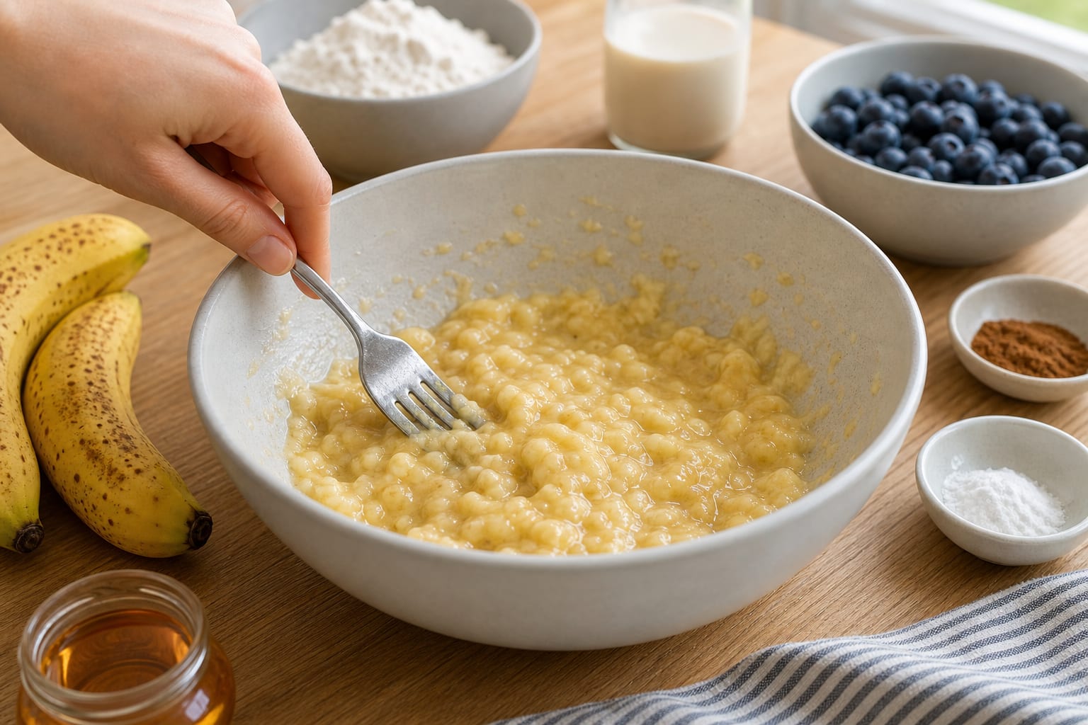 Banana Berry Oat Pancakes cooking step 1: Mash the bananas.