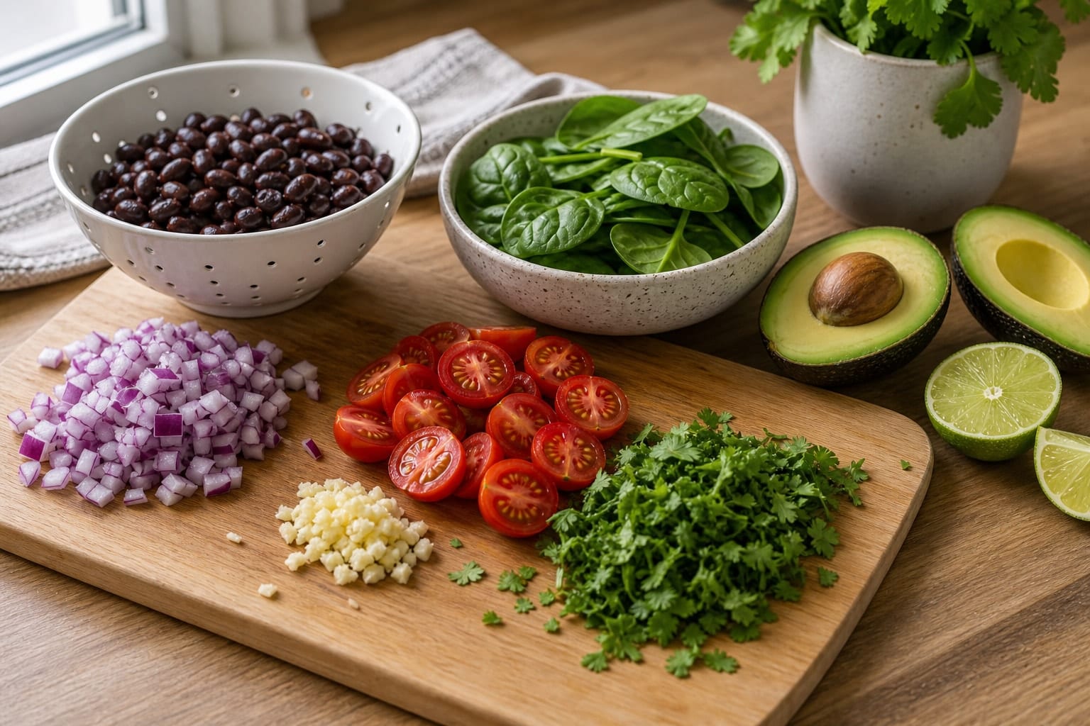 Black Bean Avocado Breakfast Toasts cooking step 1: Prep the fresh mix.