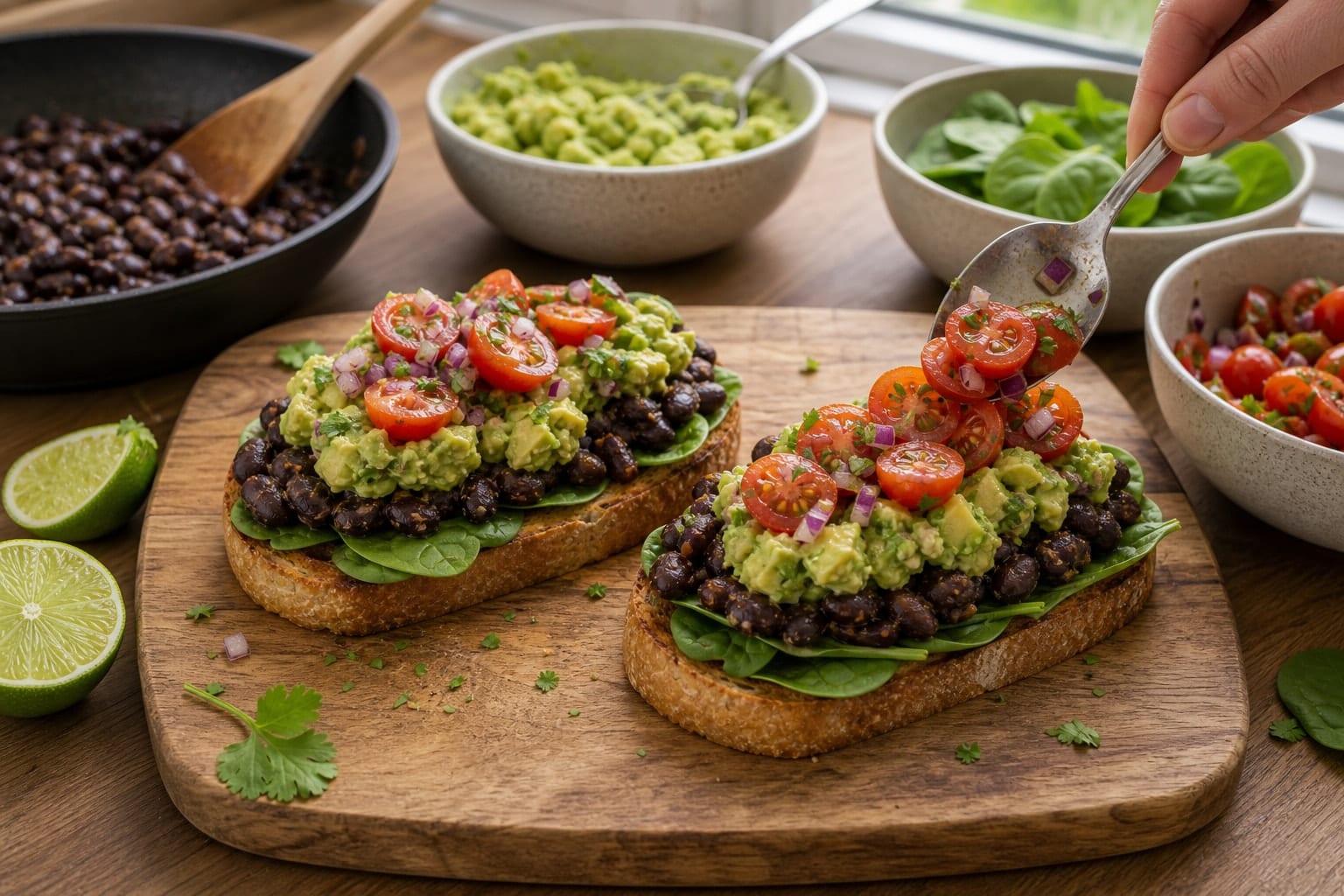 Black Bean Avocado Breakfast Toasts cooking step 5: Build the toasts.