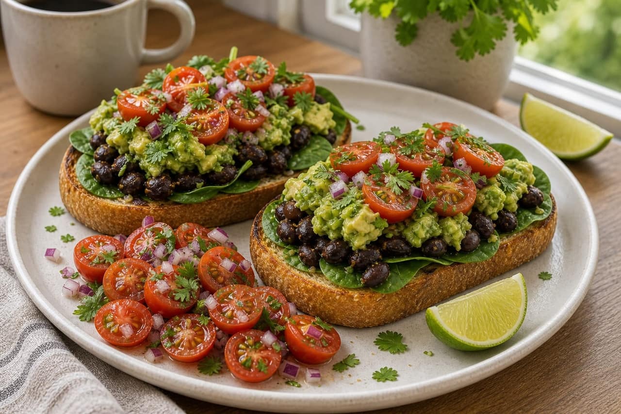 Black Bean Avocado Breakfast Toasts cooking step 6: Serve warm.