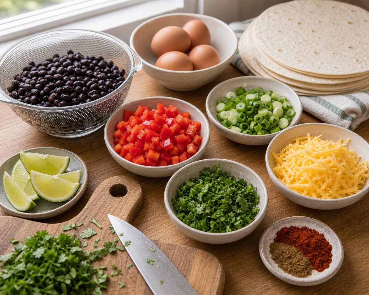 Black Bean Pepper Breakfast Wraps cooking step 1: Prep the fillings.