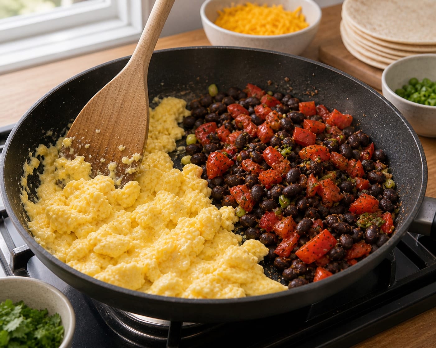 Black Bean Pepper Breakfast Wraps cooking step 3: Scramble the eggs.