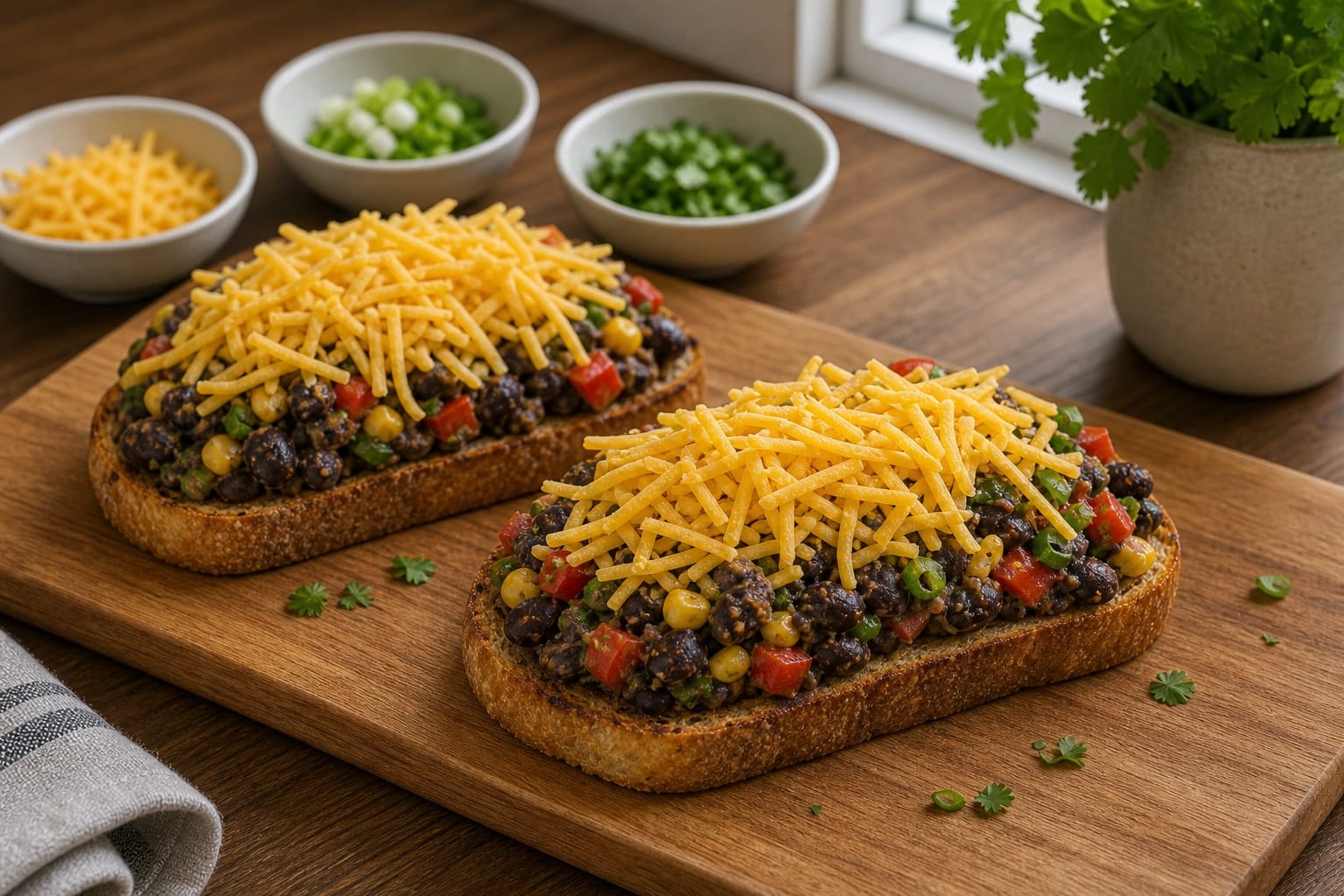 Black Bean Sweetcorn Cheddar Toasts cooking step 4: Top the toasts.