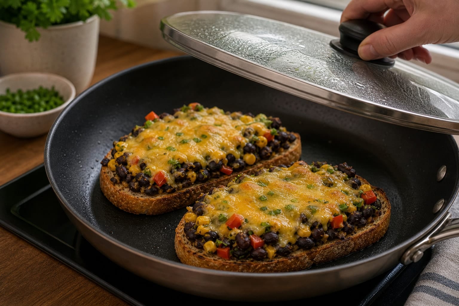 Black Bean Sweetcorn Cheddar Toasts cooking step 5: Melt the cheddar.