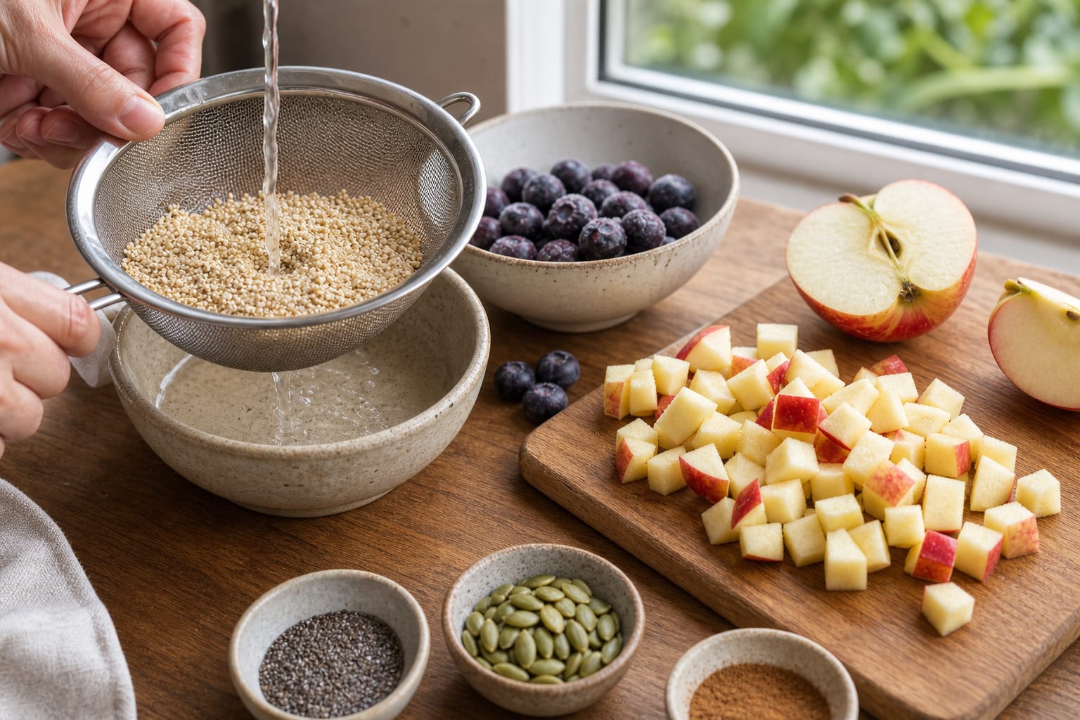 Fragrant Blueberry Apple Quinoa Porridge with Cinnamon and Chia cooking guide image for rinse and chop.