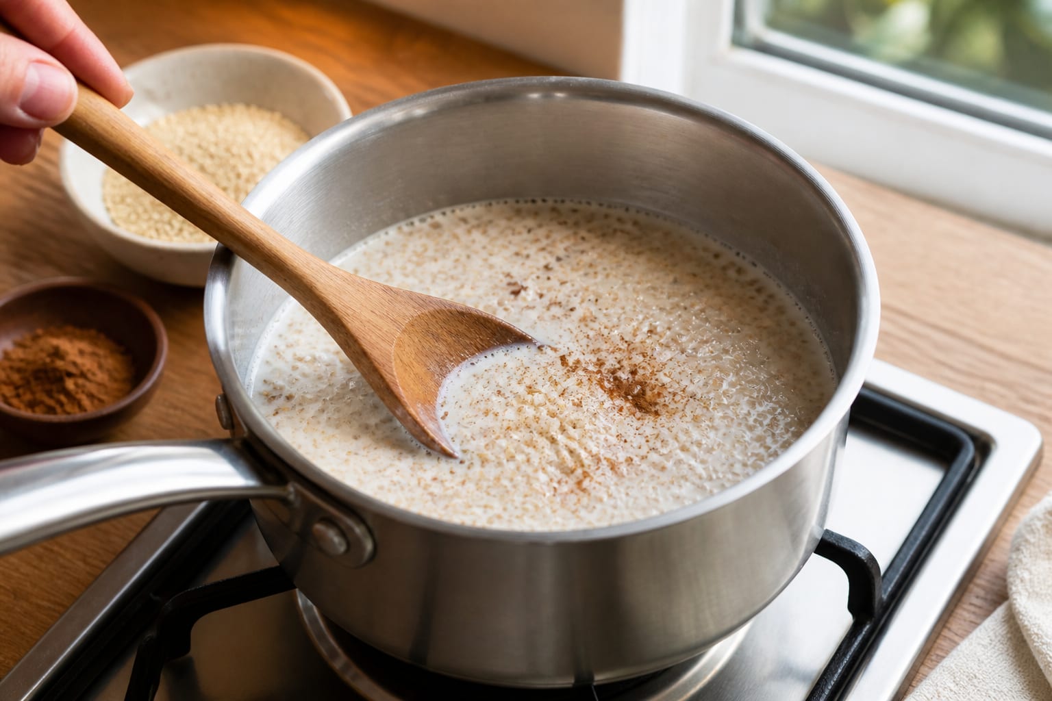 Fragrant Blueberry Apple Quinoa Porridge with Cinnamon and Chia cooking guide image for start the porridge.