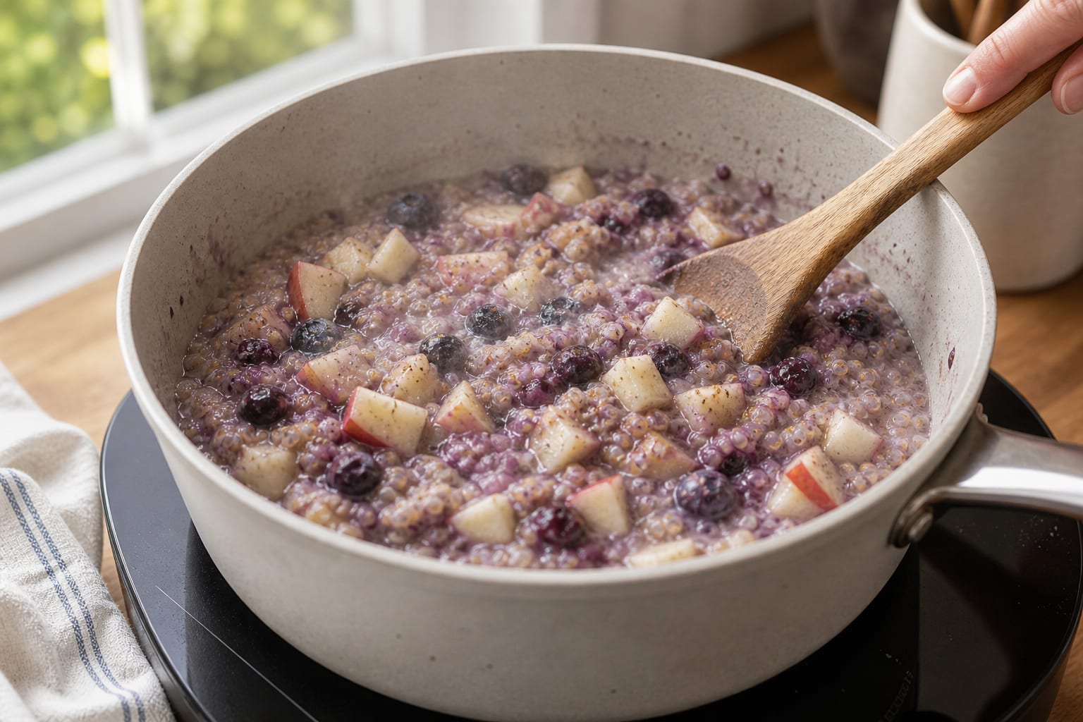 Fragrant Blueberry Apple Quinoa Porridge with Cinnamon and Chia cooking guide image for cook the apple.