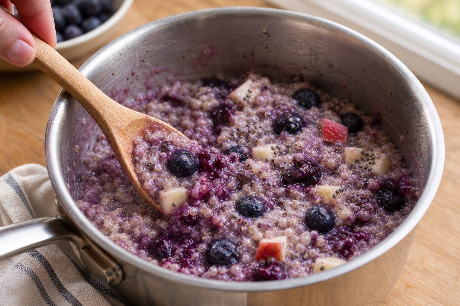 Fragrant Blueberry Apple Quinoa Porridge with Cinnamon and Chia cooking guide image for fold in berries and chia.