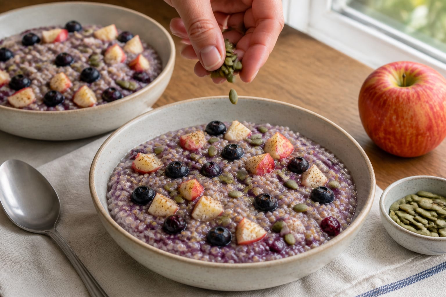 Fragrant Blueberry Apple Quinoa Porridge with Cinnamon and Chia cooking guide image for serve with seeds.