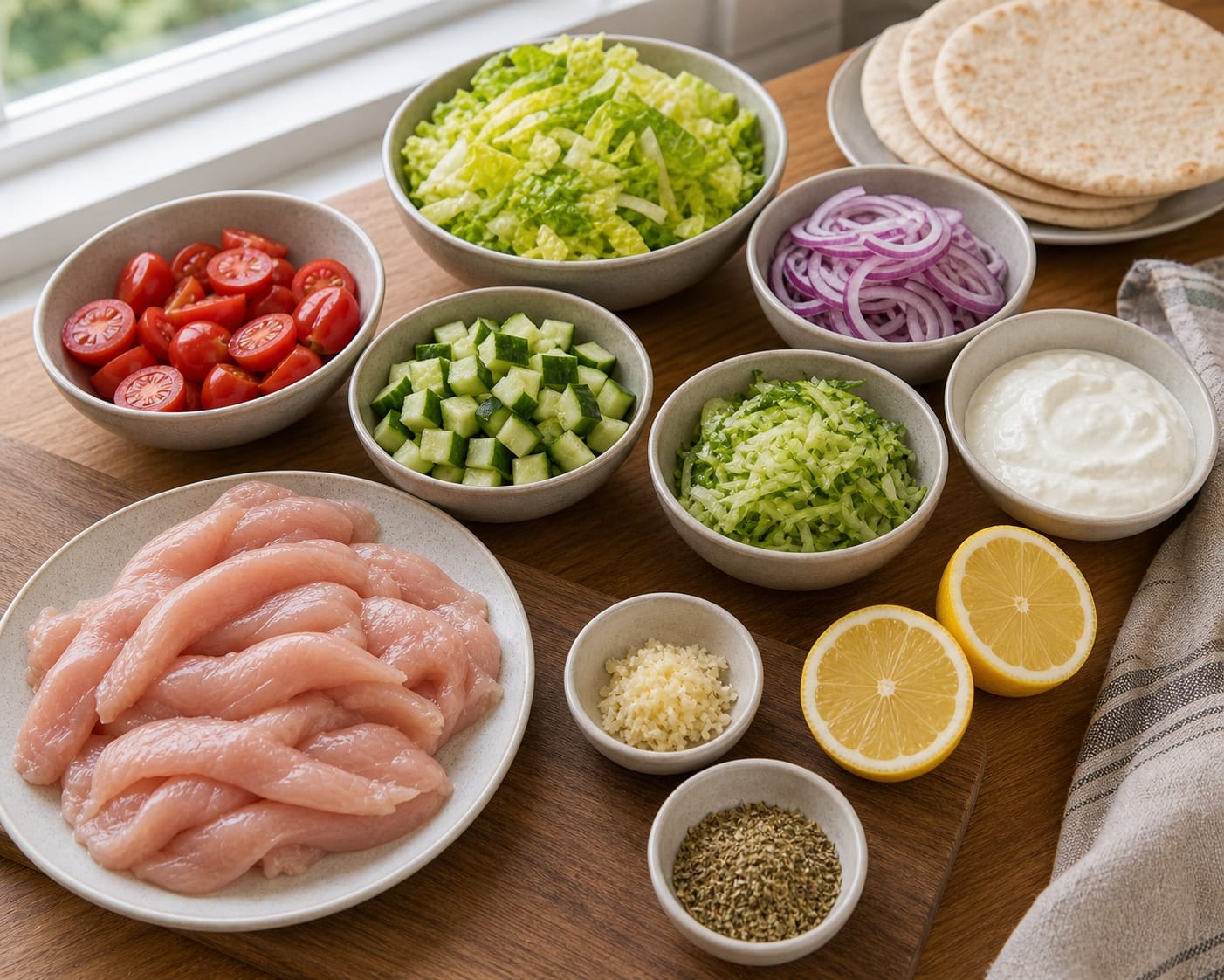 Chicken Tzatziki Pitta Boxes cooking step 1: Prep the chicken and salad.