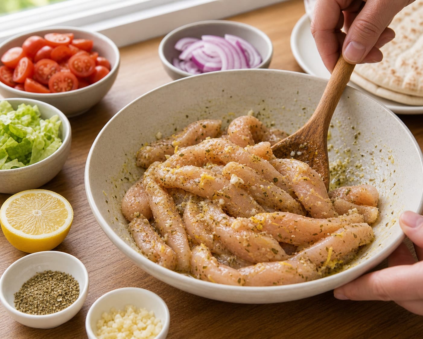Chicken Tzatziki Pitta Boxes cooking step 2: Season the chicken.