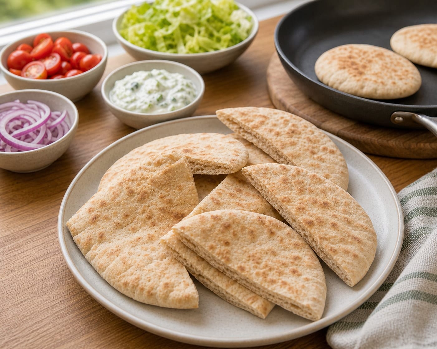 Chicken Tzatziki Pitta Boxes cooking step 5: Warm the pittas.
