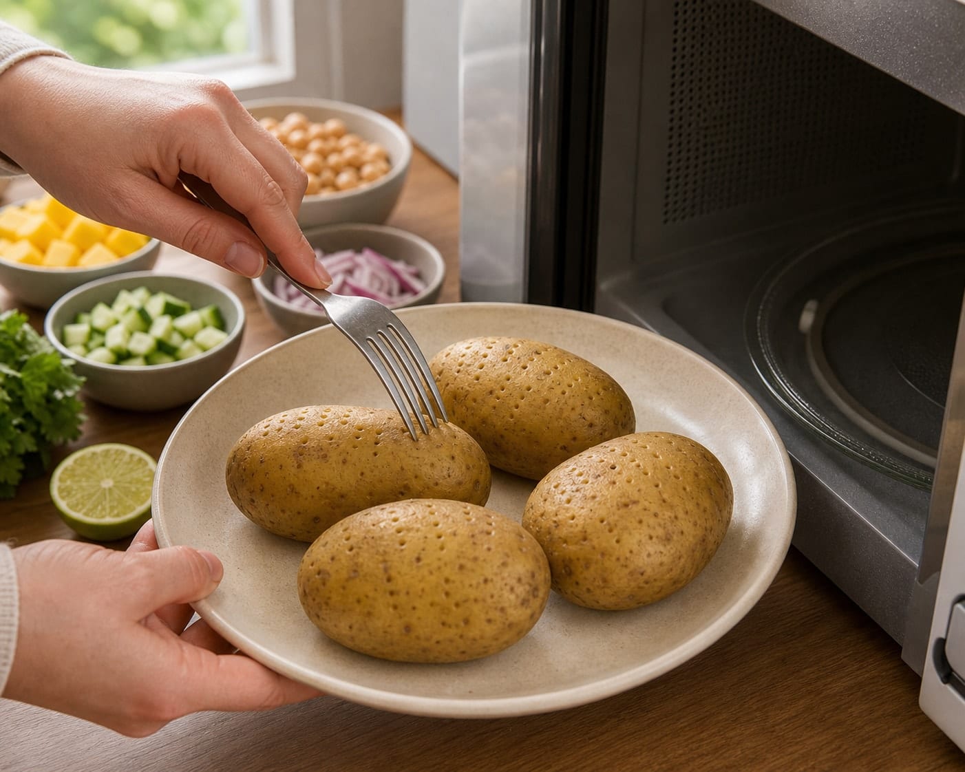 Coronation Chickpea Jacket Potatoes cooking step 1: Start the potatoes.