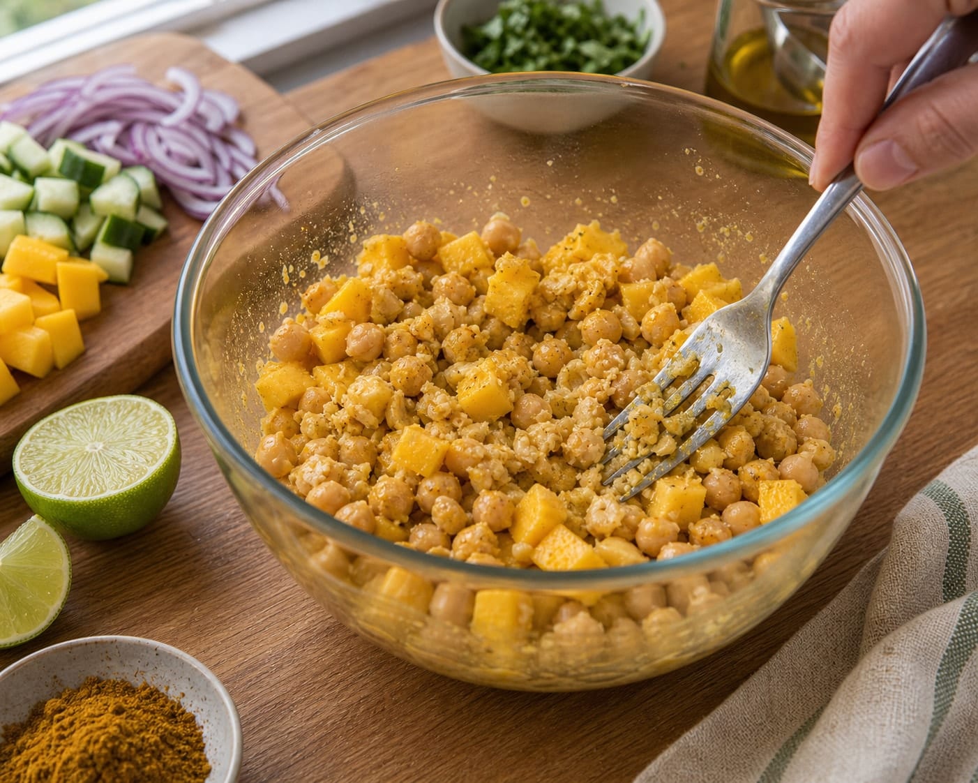Coronation Chickpea Jacket Potatoes cooking step 4: Crush the chickpeas.