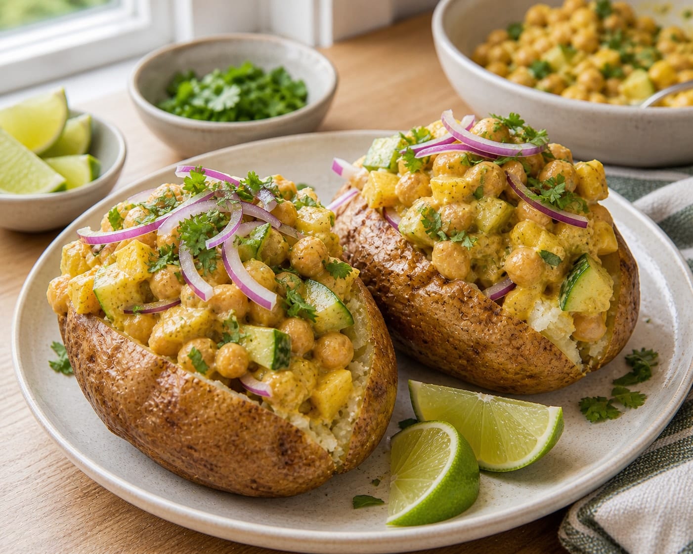 Coronation Chickpea Jacket Potatoes cooking step 6: Load the jackets.