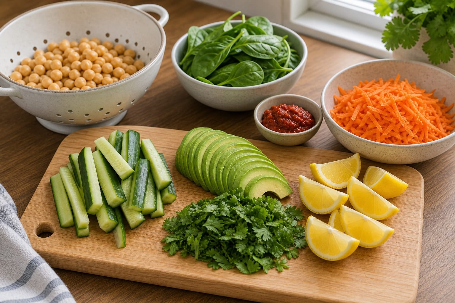 Harissa Chickpea Cucumber Toasts cooking step 1: Prep the fillings.