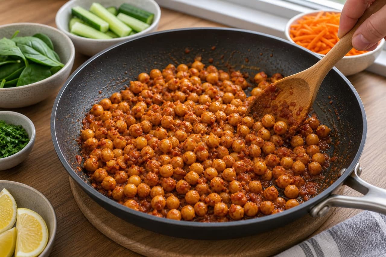 Harissa Chickpea Cucumber Toasts cooking step 2: Cook the chickpeas.