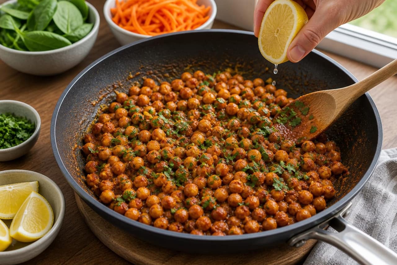Harissa Chickpea Cucumber Toasts cooking step 3: Brighten the chickpeas.