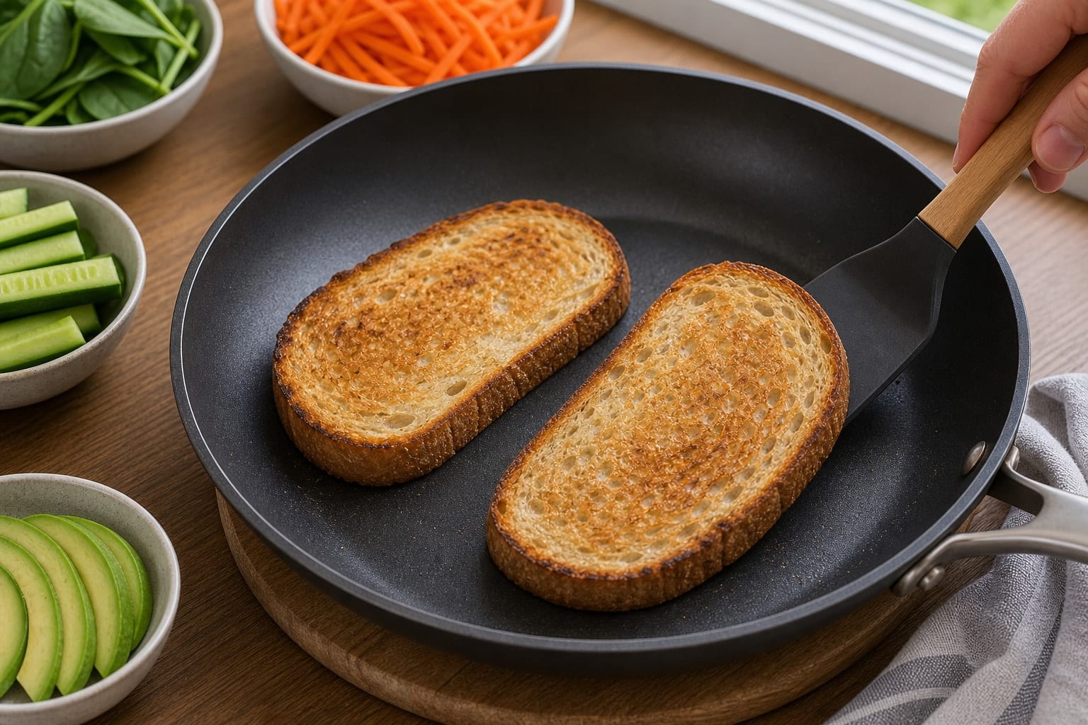 Harissa Chickpea Cucumber Toasts cooking step 4: Toast the bread.