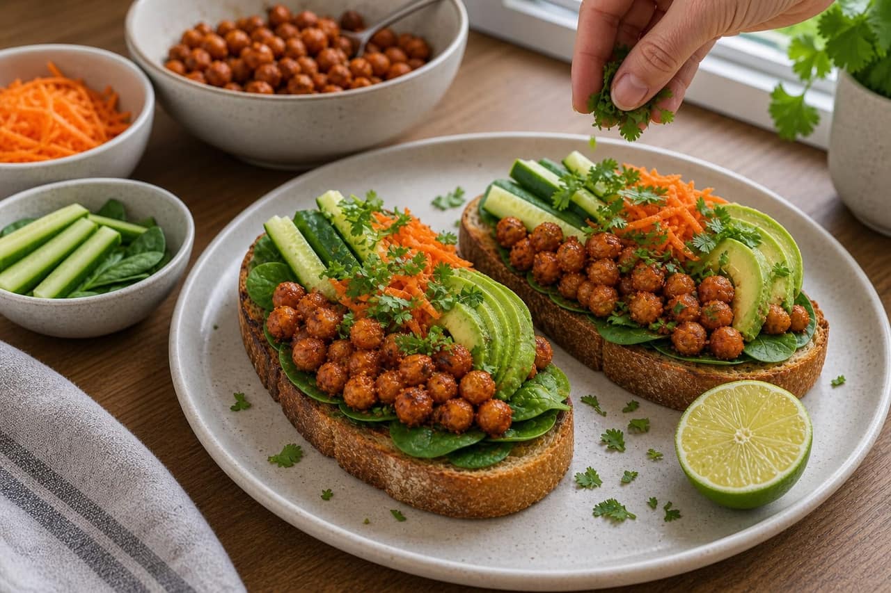 Harissa Chickpea Cucumber Toasts cooking step 5: Top the toasts.