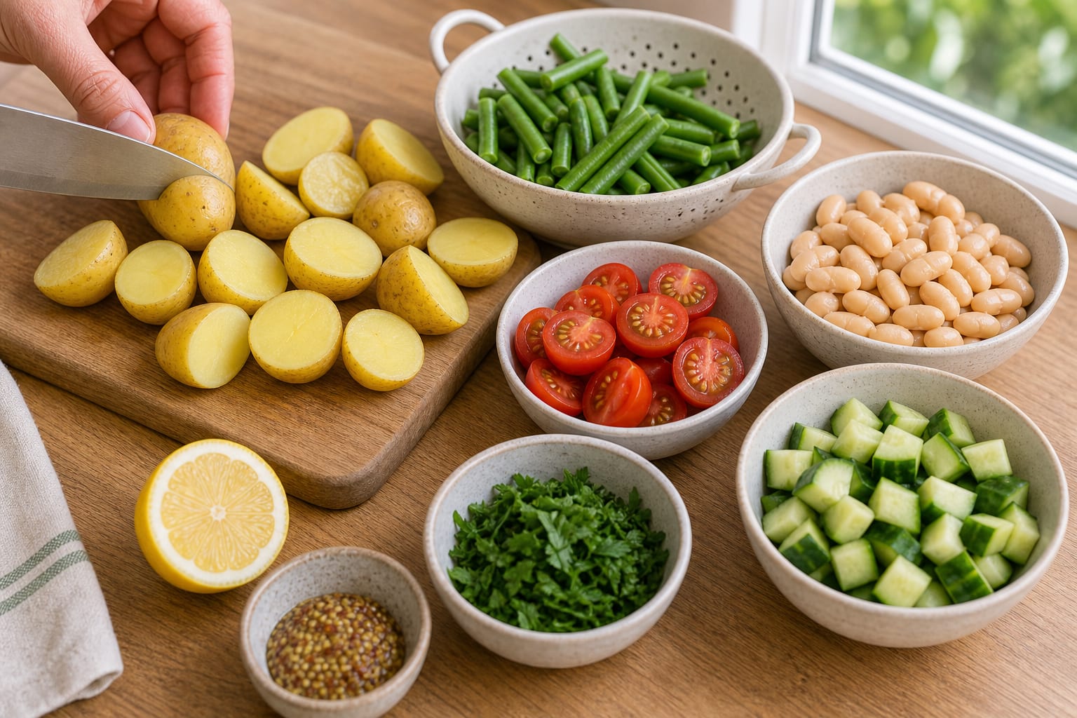 Herby Butter Bean Potato Salad cooking step 1: Prep the vegetables.