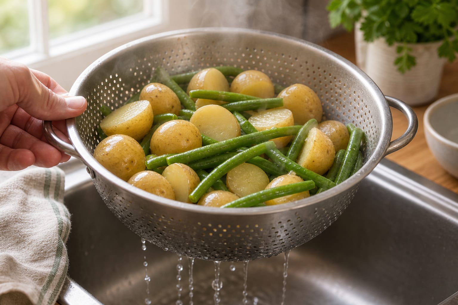 Herby Butter Bean Potato Salad cooking step 3: Add the green beans.