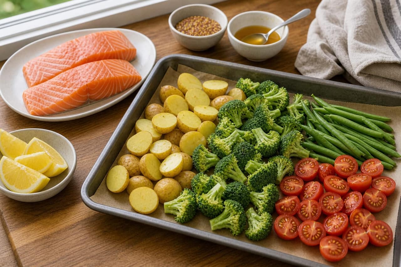 Honey Mustard Salmon Potato Traybake cooking step 1: Prep the tray.