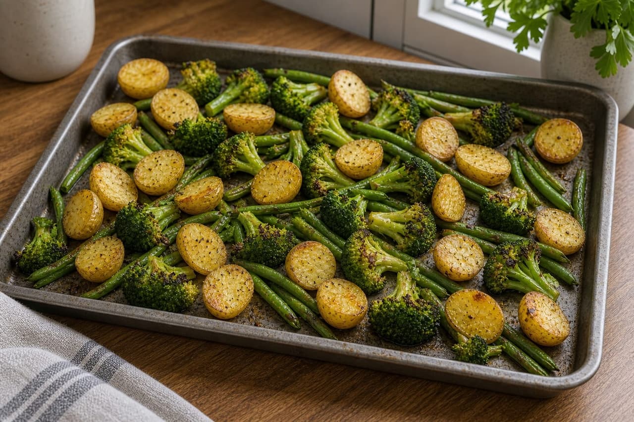 Honey Mustard Salmon Potato Traybake cooking step 3: Start the vegetables.