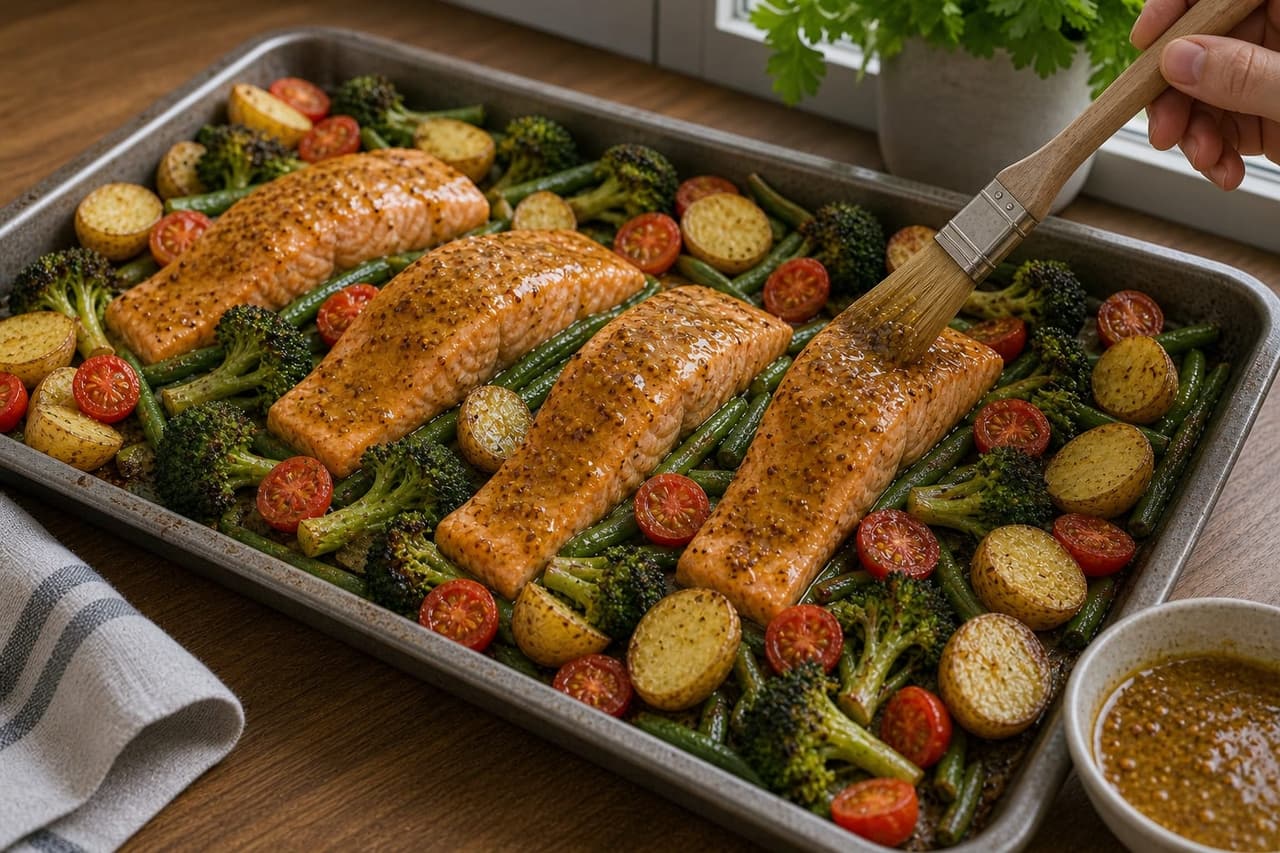 Honey Mustard Salmon Potato Traybake cooking step 5: Add the salmon.