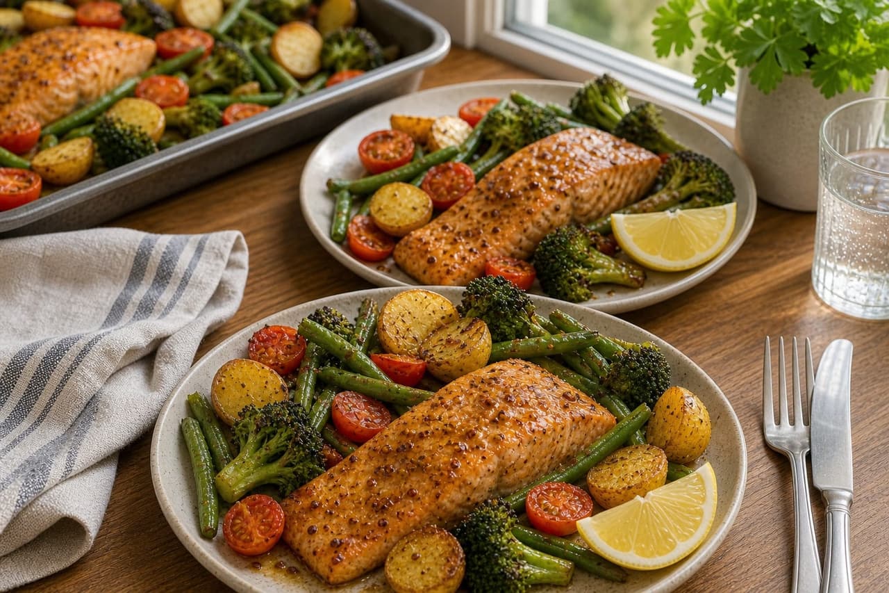 Honey Mustard Salmon Potato Traybake cooking step 6: Serve with lemon.