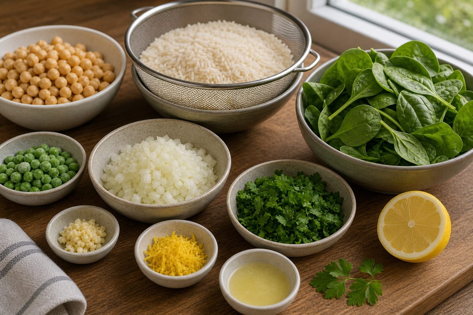 Lemon Chickpea Spinach Rice cooking step 1: Prep the base.