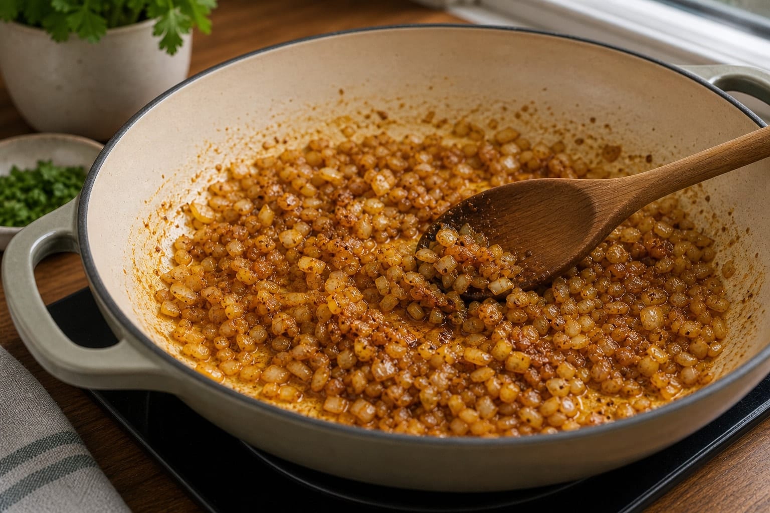 Lemon Chickpea Spinach Rice cooking step 2: Soften the aromatics.