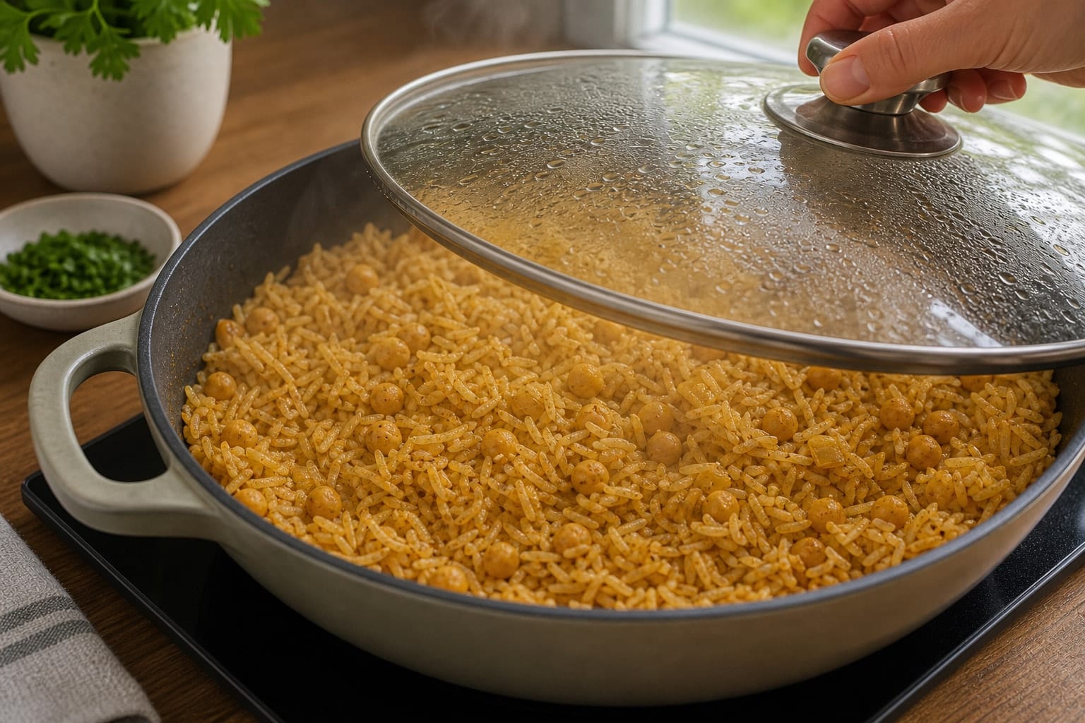 Lemon Chickpea Spinach Rice cooking step 4: Simmer the rice.