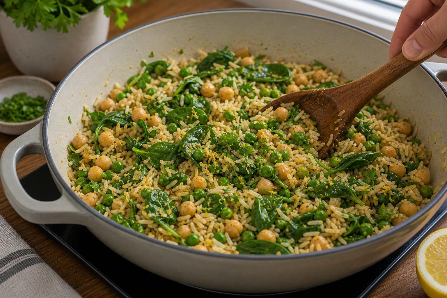 Lemon Chickpea Spinach Rice cooking step 5: Fold in greens.