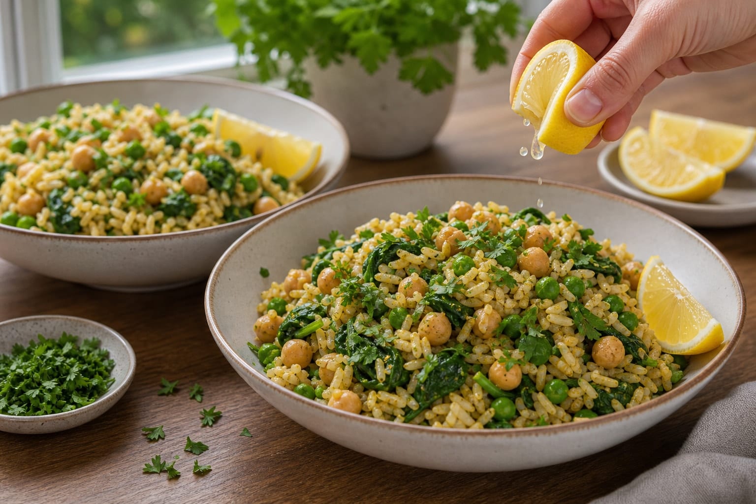 Lemon Chickpea Spinach Rice cooking step 6: Serve with parsley.
