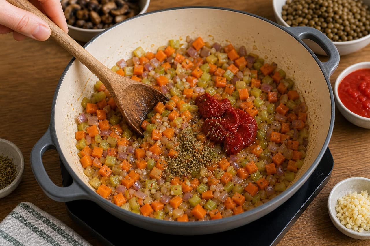 Mushroom Lentil Ragu Rice Bowls cooking step 3: Soften the vegetables.