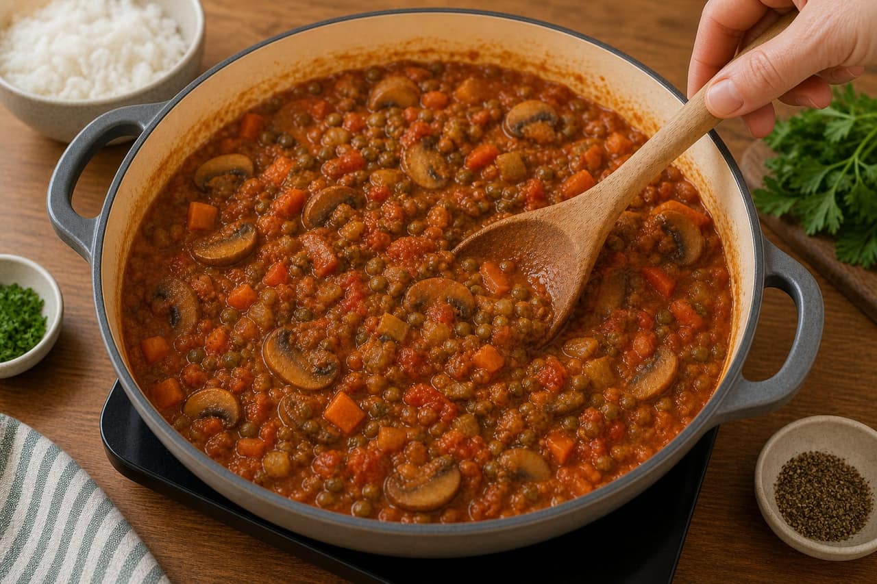 Mushroom Lentil Ragu Rice Bowls cooking step 4: Simmer the ragu.