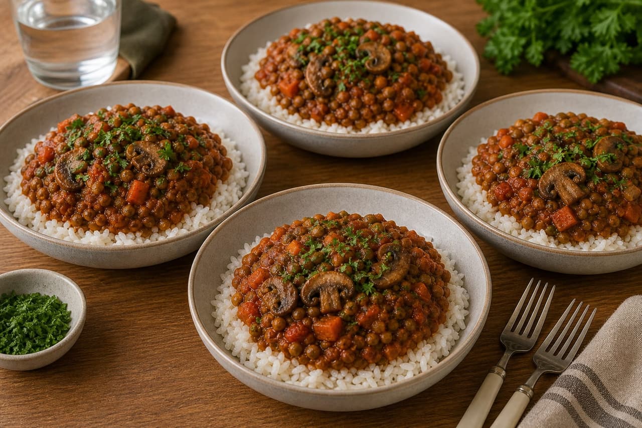 Mushroom Lentil Ragu Rice Bowls cooking step 6: Serve in bowls.