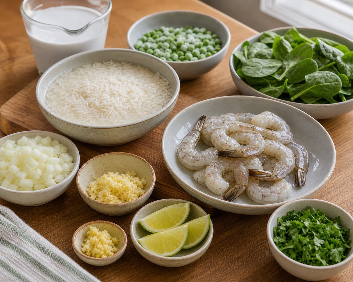 Prawn Pea Coconut Rice cooking step 1: Prep the base.