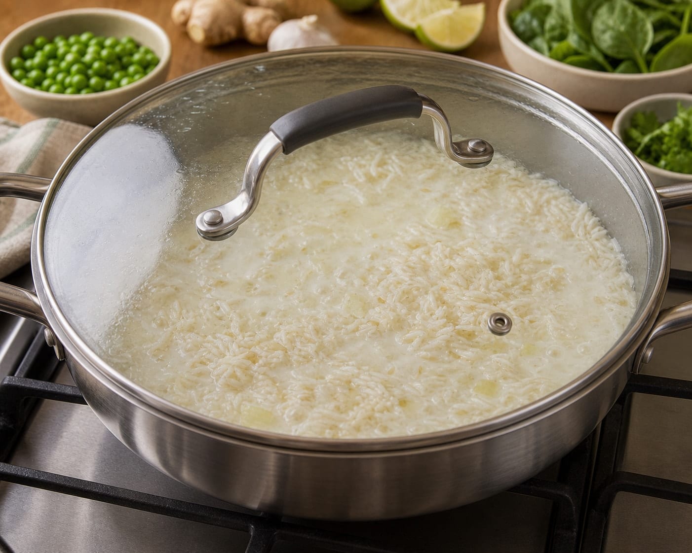 Prawn Pea Coconut Rice cooking step 3: Simmer the rice.